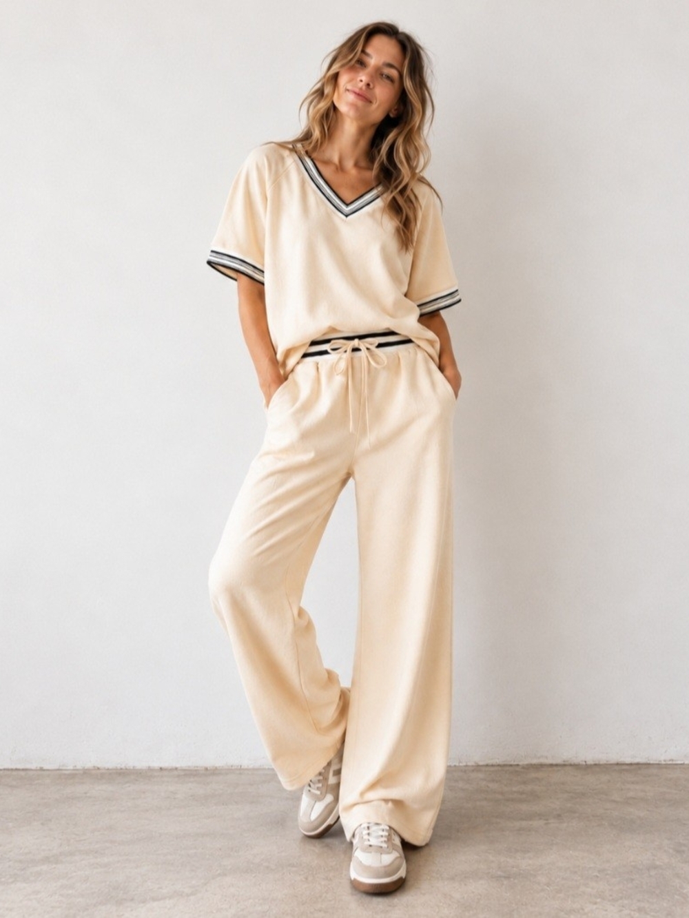 Cream Varsity 2 Piece Lounge Set Wide Leg Pants V Neck Top Size M